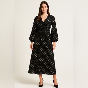 Little Mistress Black & Gold Metallic Midi Dress Size 6 | Long Sleeve Wrap Style